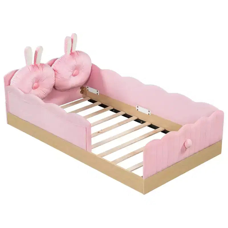 Twin Size Floor Bed with Upholstered Pillows and Safety Fence Guardrails