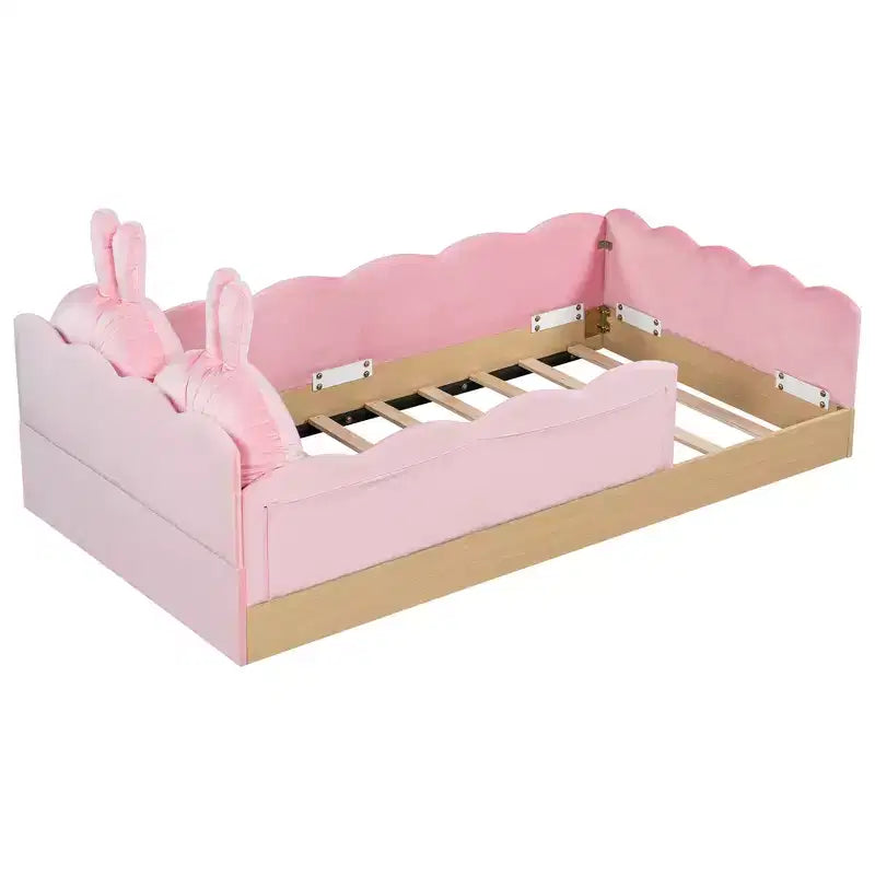 Twin Size Floor Bed with Upholstered Pillows and Safety Fence Guardrails