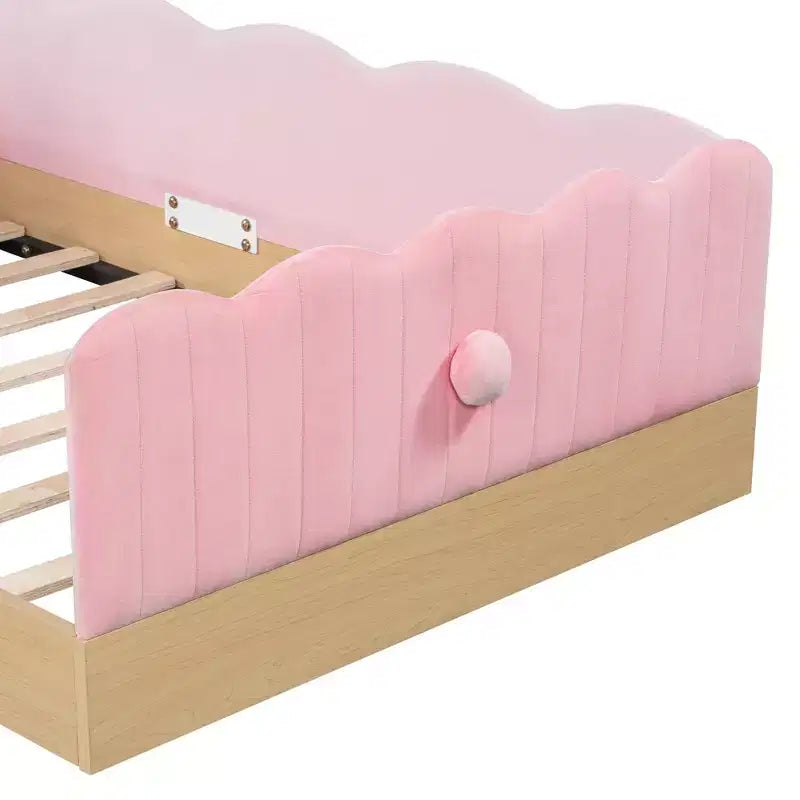 Twin Size Floor Bed with Upholstered Pillows and Safety Fence Guardrails