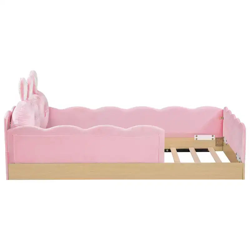 Twin Size Floor Bed with Upholstered Pillows and Safety Fence Guardrails