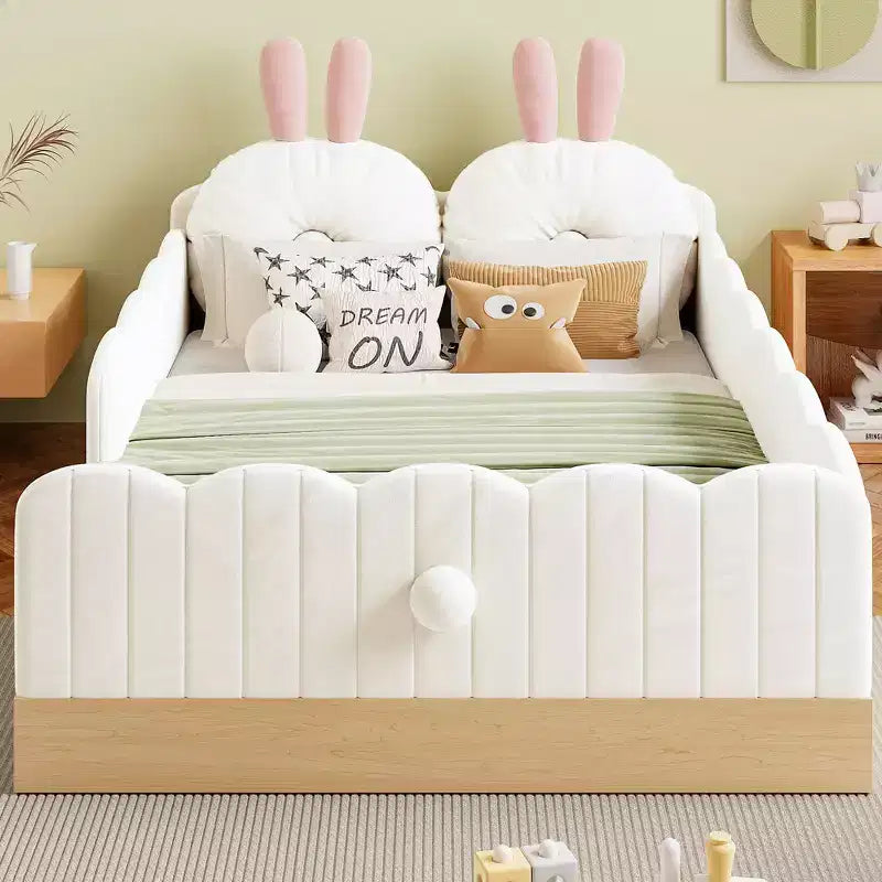 Twin Size Floor Bed with Upholstered Pillows and Safety Fence Guardrails
