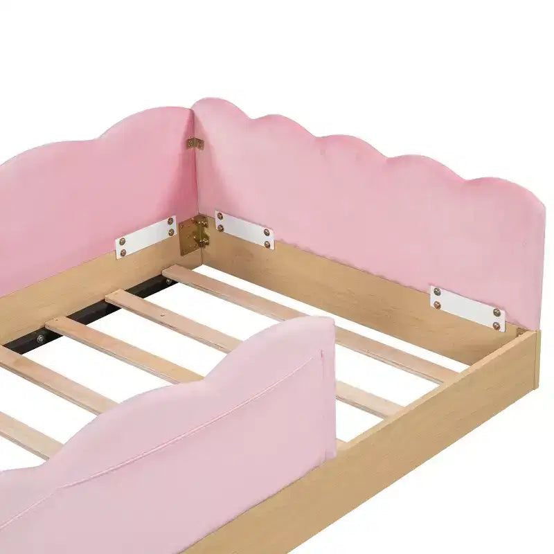 Twin Size Floor Bed with Upholstered Pillows and Safety Fence Guardrails