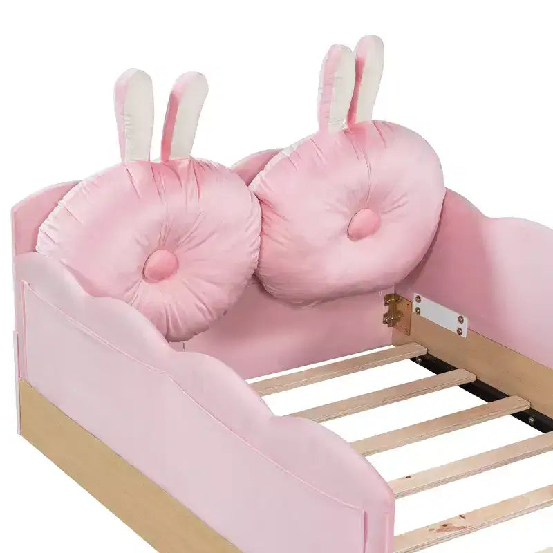 Twin Size Floor Bed with Upholstered Pillows and Safety Fence Guardrails