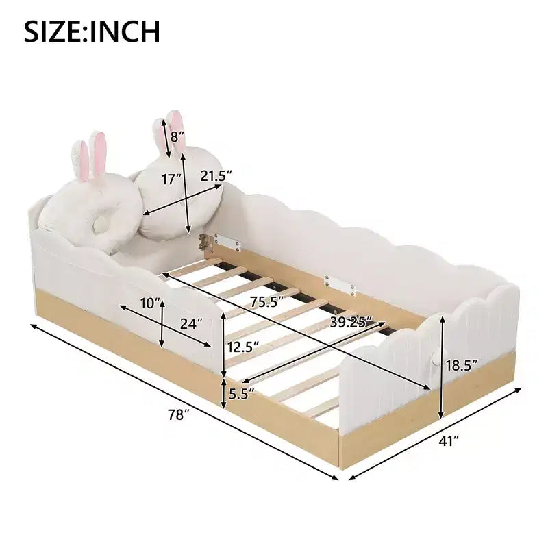 Twin Size Floor Bed with Upholstered Pillows and Safety Fence Guardrails