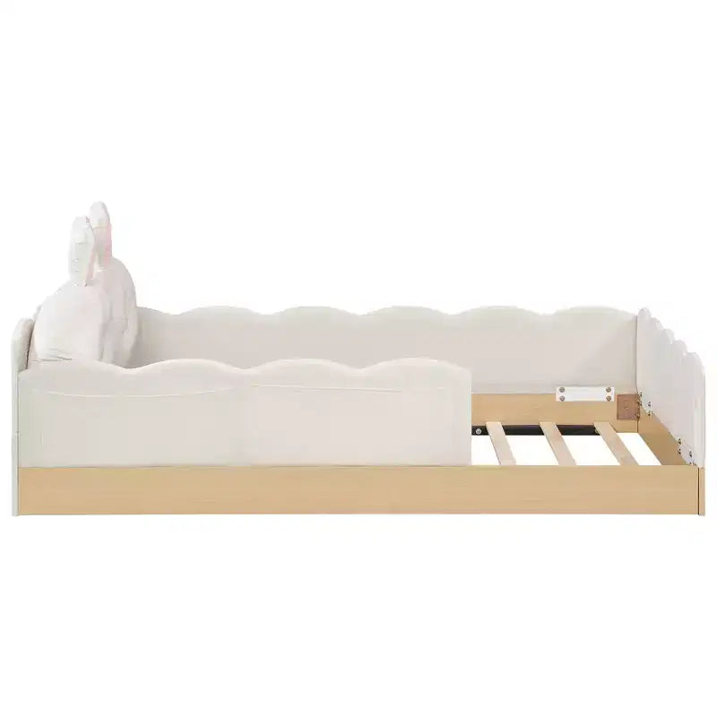 Twin Size Floor Bed with Upholstered Pillows and Safety Fence Guardrails