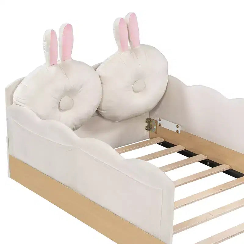 Twin Size Floor Bed with Upholstered Pillows and Safety Fence Guardrails