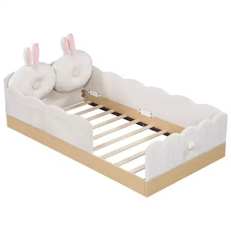 Twin Size Floor Bed with Upholstered Pillows and Safety Fence Guardrails
