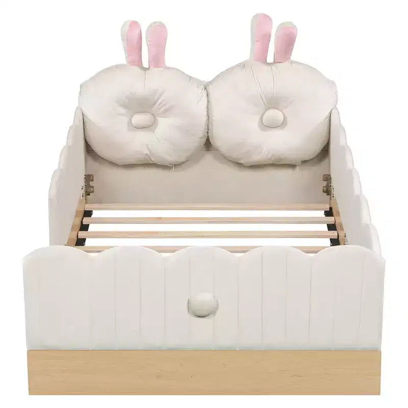 Twin Size Floor Bed with Upholstered Pillows and Safety Fence Guardrails