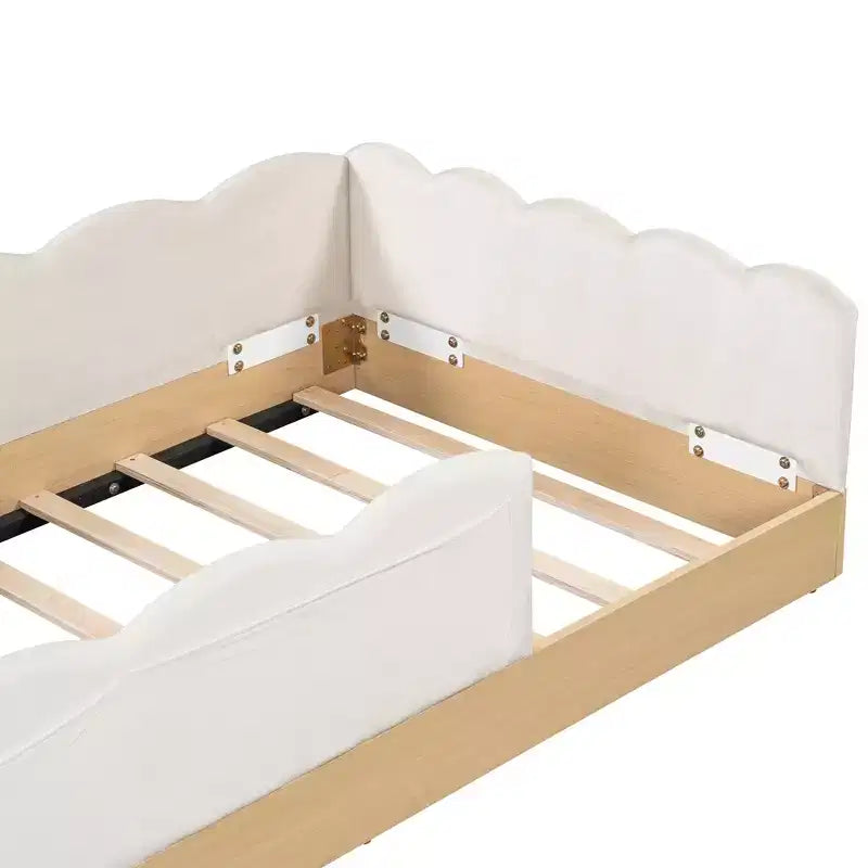 Twin Size Floor Bed with Upholstered Pillows and Safety Fence Guardrails