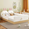 Twin Size Montessori Floor Bed with Upholstered Pillows, Safety Fence Guardrails, Floor Platform Bed with Cute Rabbit Ear Shaped Pillows