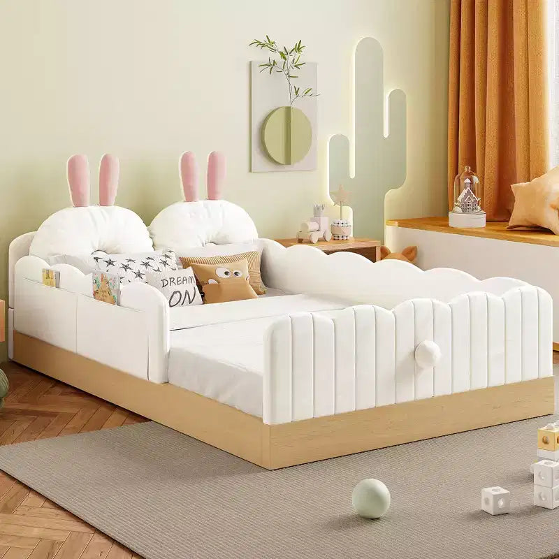 Twin Size Montessori Floor Bed with Upholstered Pillows, Safety Fence Guardrails, Floor Platform Bed with Cute Rabbit Ear Shaped Pillows