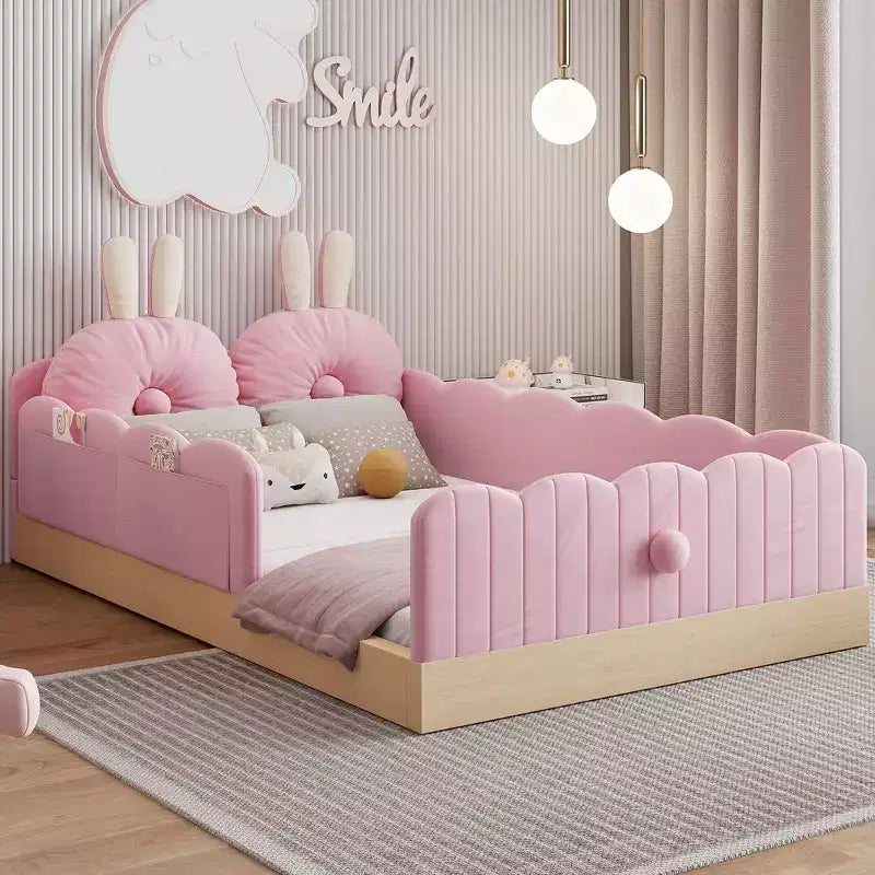 Twin Size Floor Bed with Upholstered Pillows and Safety Fence Guardrails