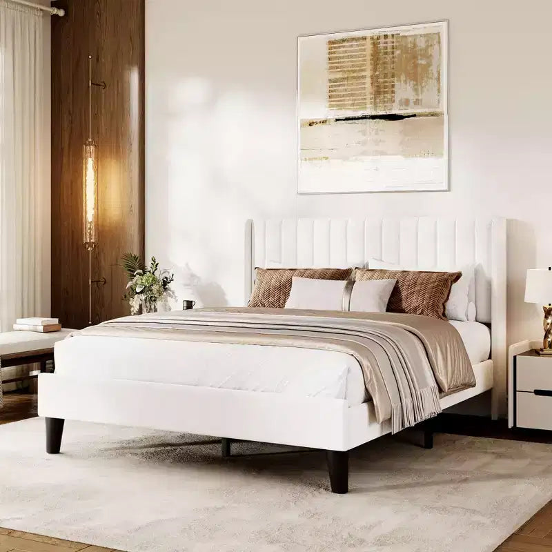 Full Size Velvet Bed Frame with Upholstered Headboard, Velvet Platform Bed Frame Wingback with Wood Slats, No Box Spring Needed, Easy Assembly, Beige