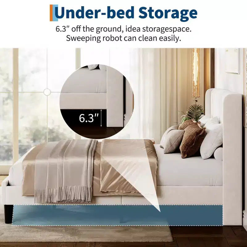 Full Size Velvet Bed Frame with Upholstered Wingback Headboard | Wood Slats, No Box Spring, Easy Assembly, Beige
