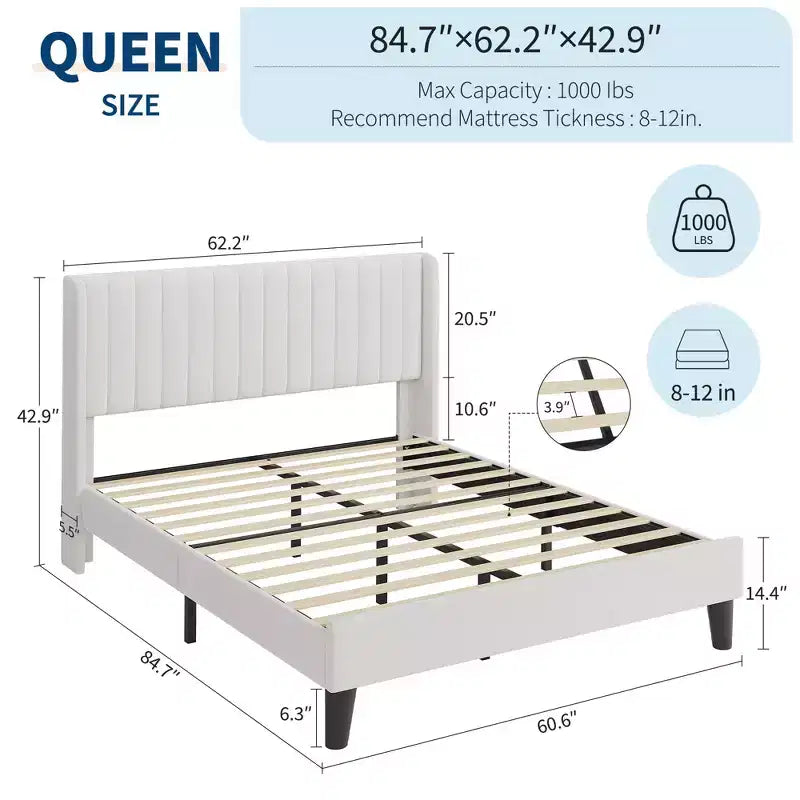 Full Size Velvet Bed Frame with Upholstered Wingback Headboard | Wood Slats, No Box Spring, Easy Assembly, Beige