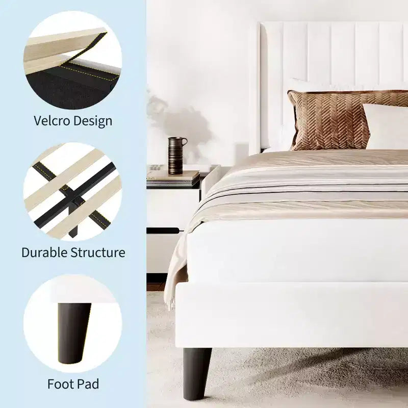 Full Size Velvet Bed Frame with Upholstered Wingback Headboard | Wood Slats, No Box Spring, Easy Assembly, Beige