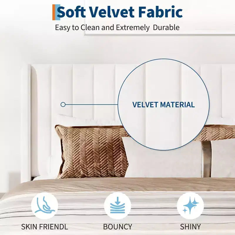 Full Size Velvet Bed Frame with Upholstered Wingback Headboard | Wood Slats, No Box Spring, Easy Assembly, Beige