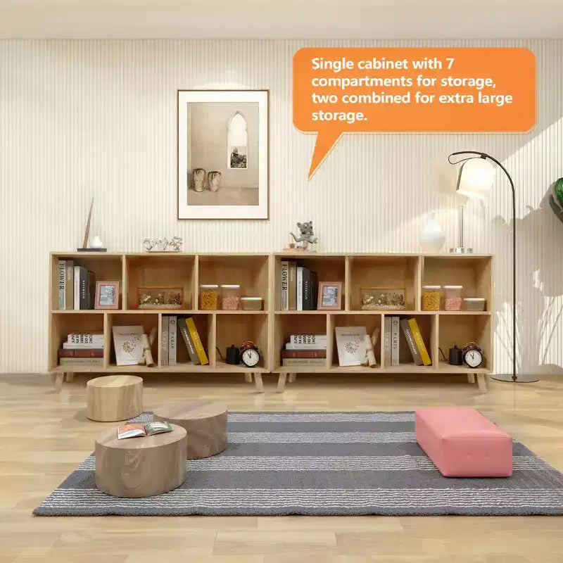 7-Cube Open Bookcase, 2-Tier Floor Standing Wooden Storage Cabinet with Legs