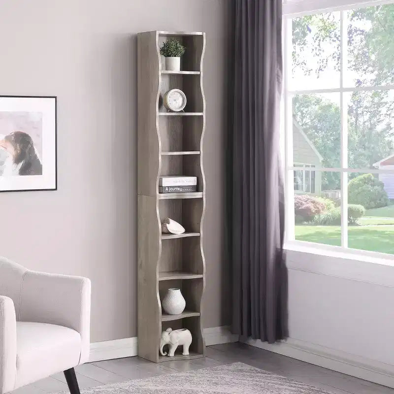 7-Tier Freestanding Bookcase with Wavy Border Design, Adjustable Shelves & Detachable Units