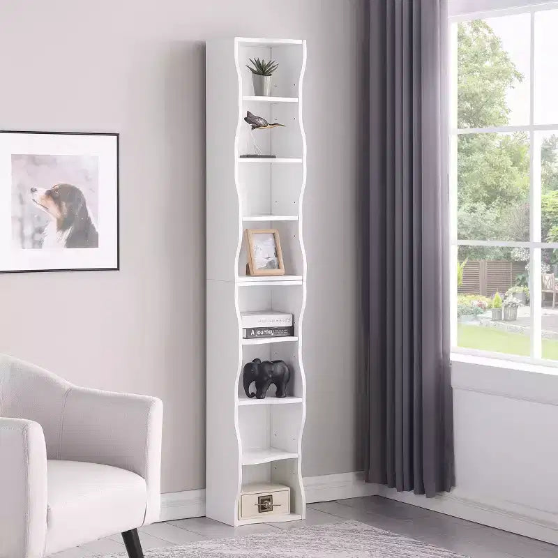 7-Tier Freestanding Bookcase with Wavy Border Design, Adjustable Shelves & Detachable Units