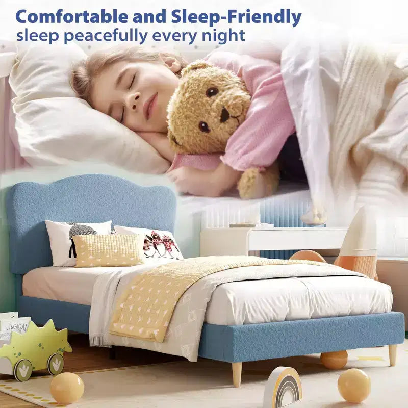 Twin Size Upholstered Bed Frame for Kids with Scallop Headboard