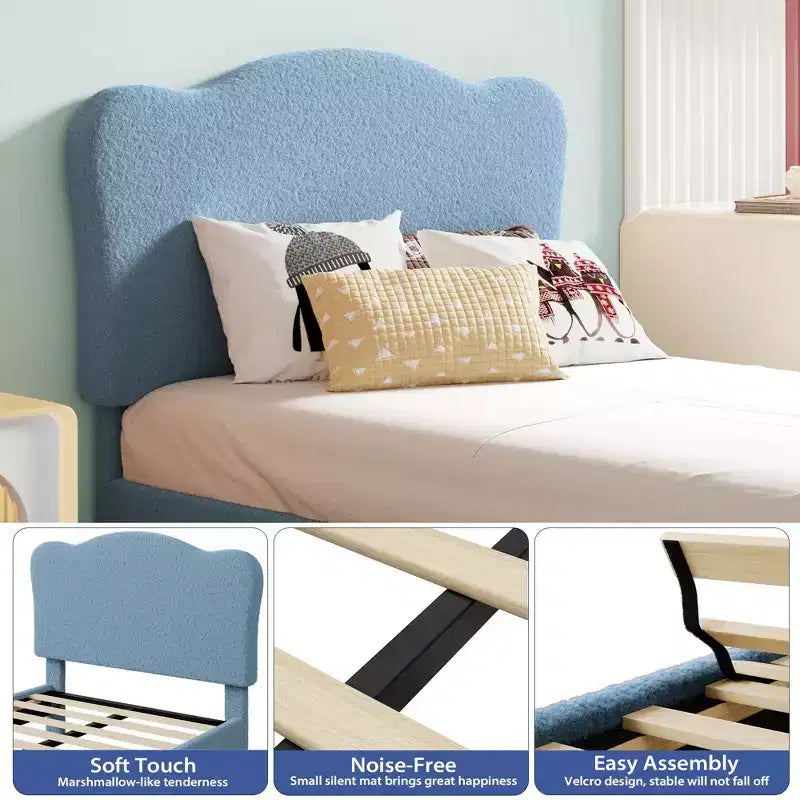 Twin Size Upholstered Bed Frame for Kids with Scallop Headboard