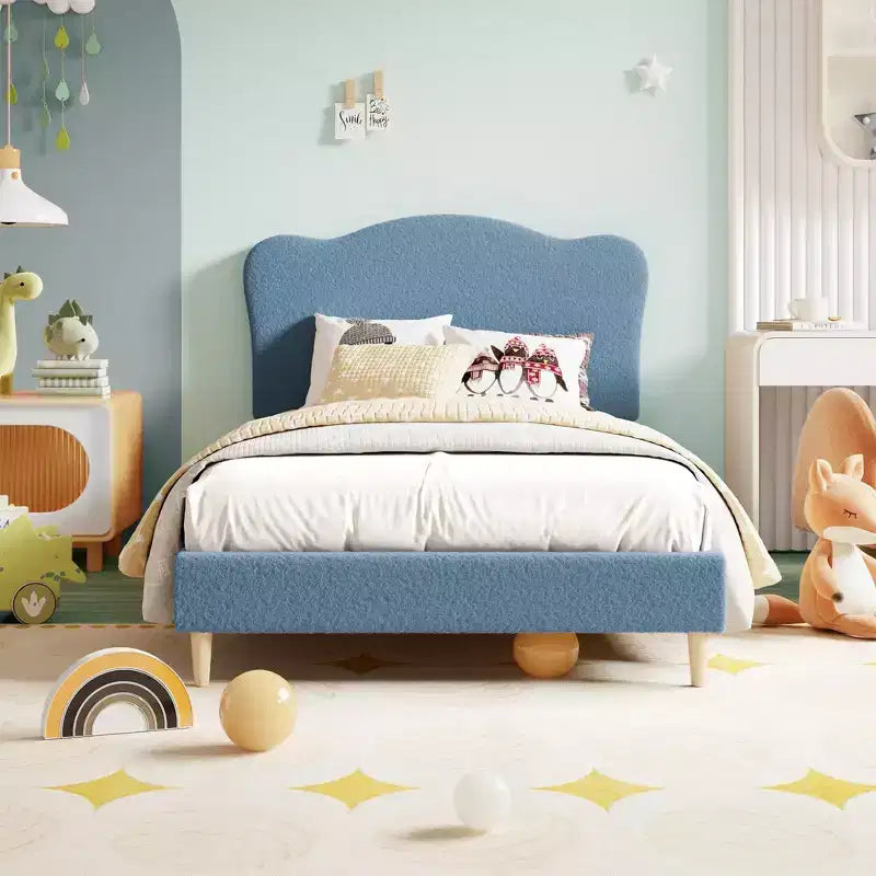 Twin Size Upholstered Bed Frame for Kids with Scallop Headboard