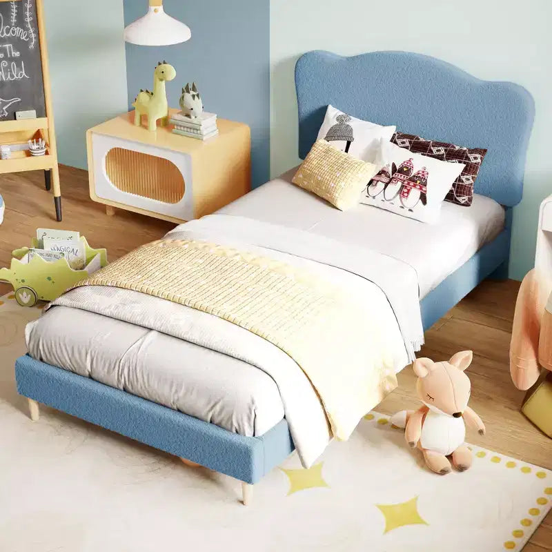 Twin Size Upholstered Bed Frame for Kids with Scallop Headboard
