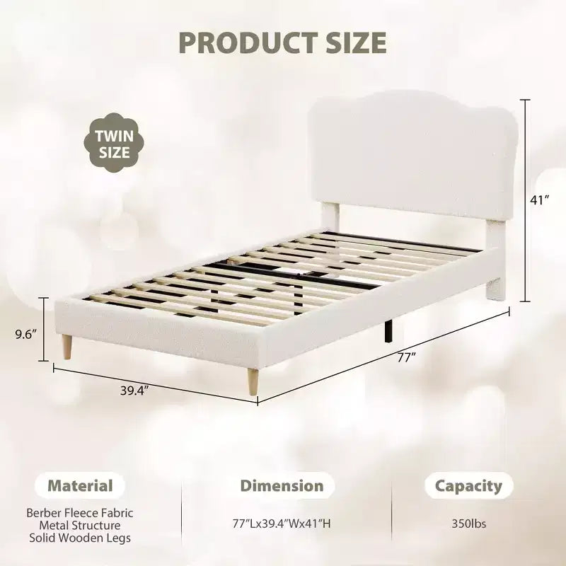Twin Size Upholstered Bed Frame for Kids with Scallop Headboard