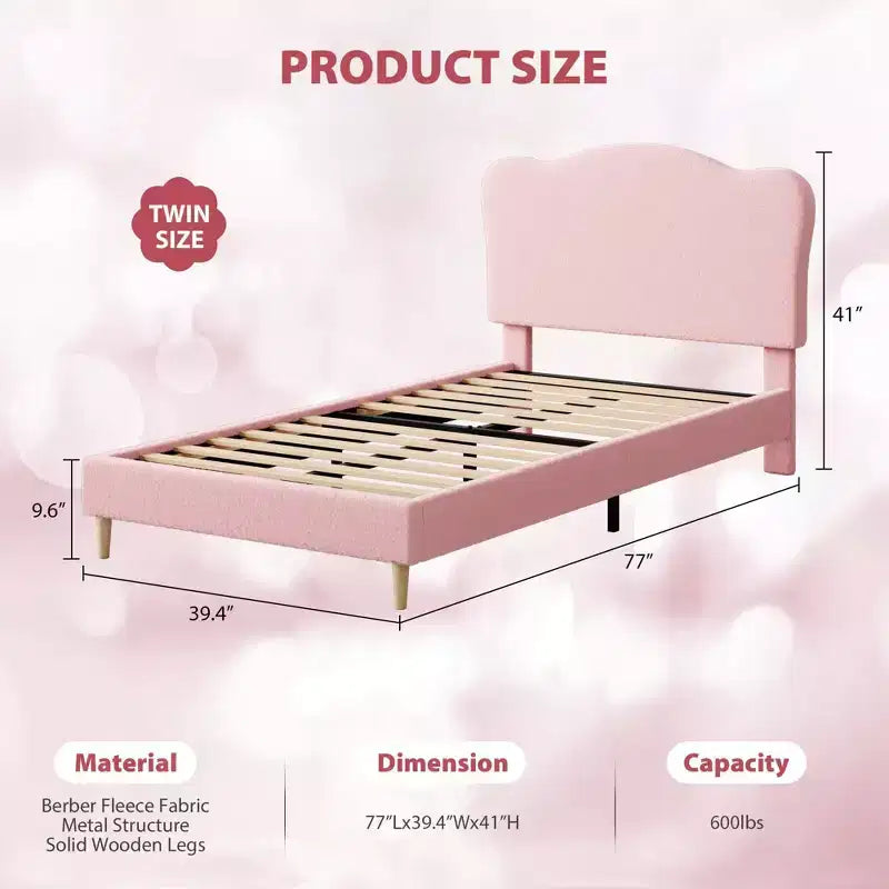 Twin Size Upholstered Bed Frame for Kids with Scallop Headboard