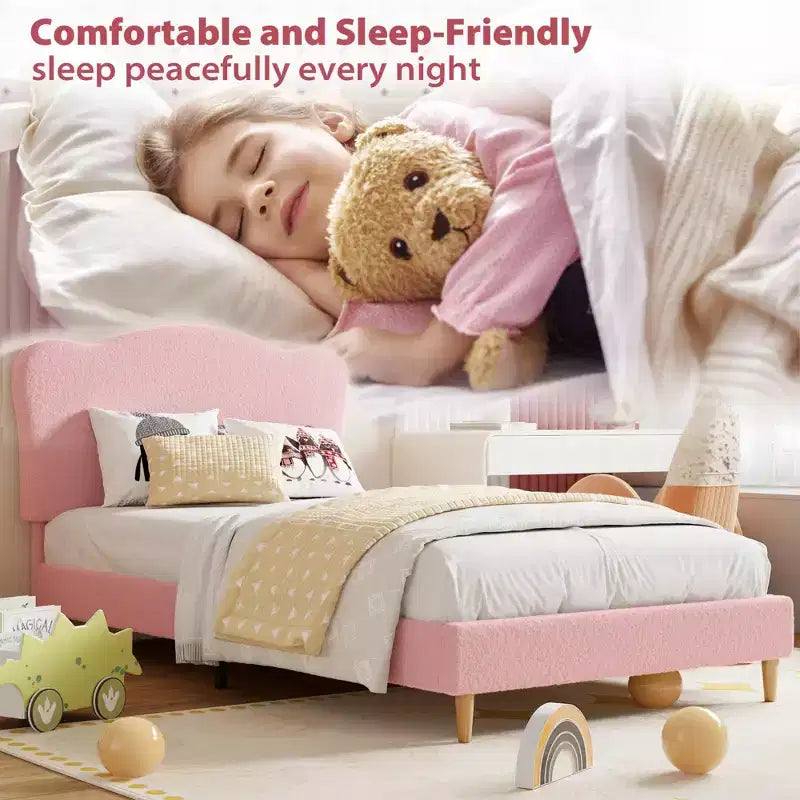 Twin Size Upholstered Bed Frame for Kids with Scallop Headboard