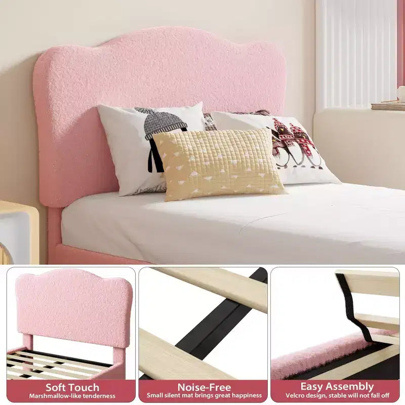 Twin Size Upholstered Bed Frame for Kids with Scallop Headboard