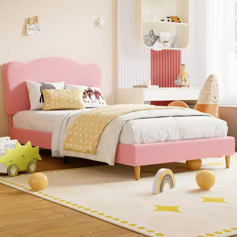 Twin Size Upholstered Bed Frame for Kids with Scallop Headboard