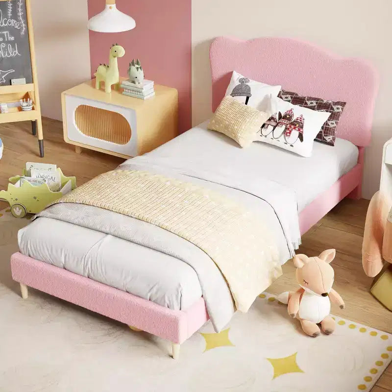 Twin Size Upholstered Bed Frame for Kids with Scallop Headboard