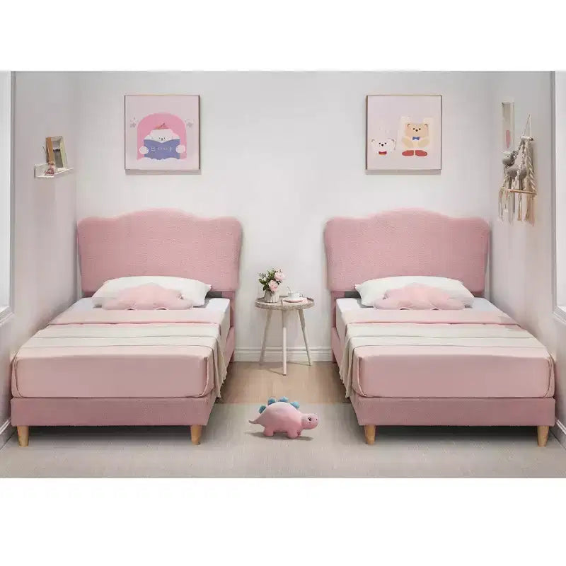 Twin Size Upholstered Bed Frame for Kids with Scallop Headboard