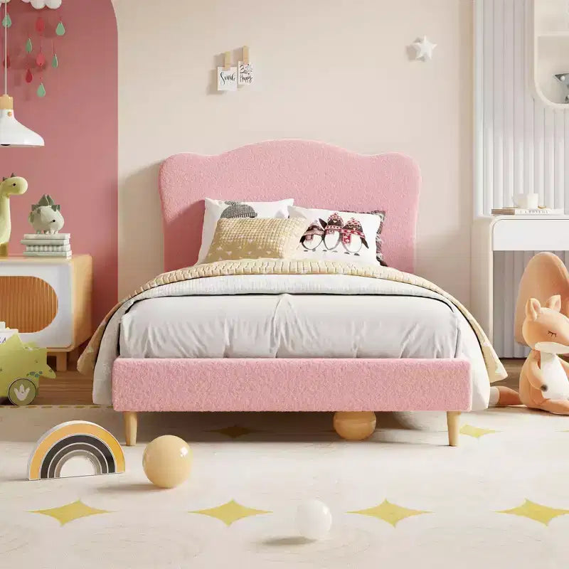 Twin Size Upholstered Bed Frame for Kids with Scallop Headboard