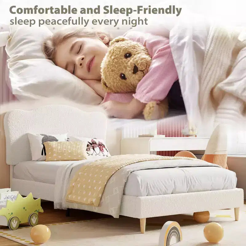 Twin Size Upholstered Bed Frame for Kids with Scallop Headboard