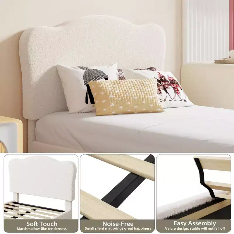 Twin Size Upholstered Bed Frame for Kids with Scallop Headboard