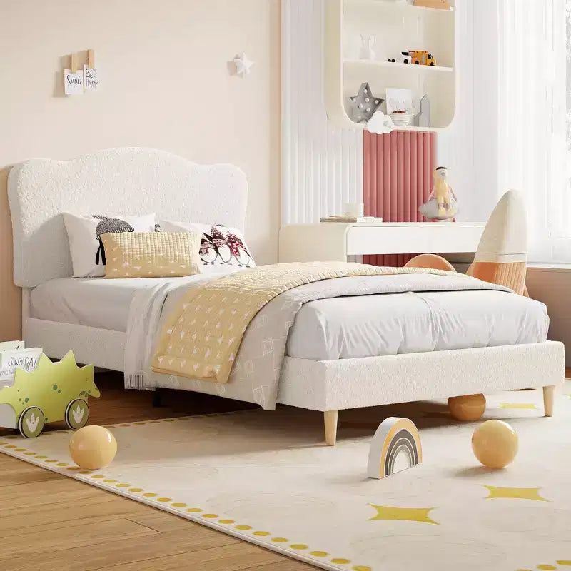 Twin Size Upholstered Bed Frame for Kids with Scallop Headboard