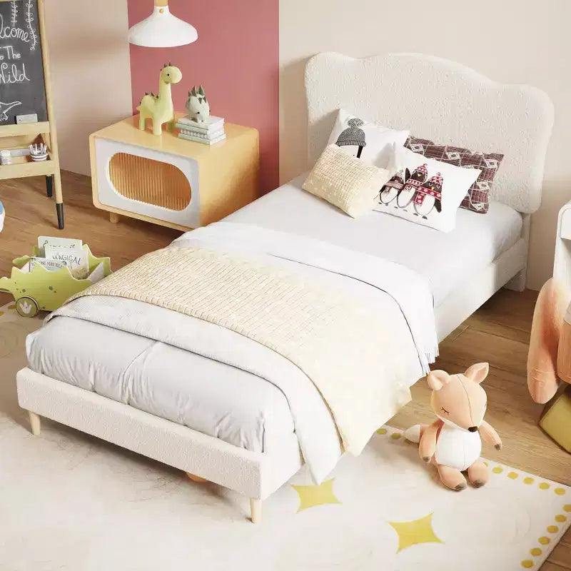 Twin Size Upholstered Bed Frame for Kids with Scallop Headboard
