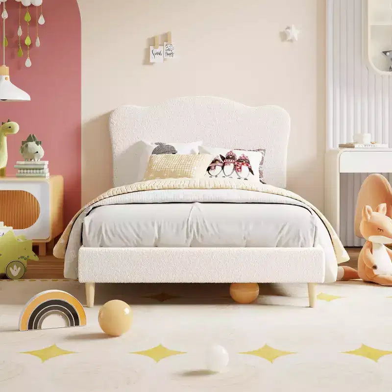Twin Size Upholstered Bed Frame for Kids with Scallop Headboard