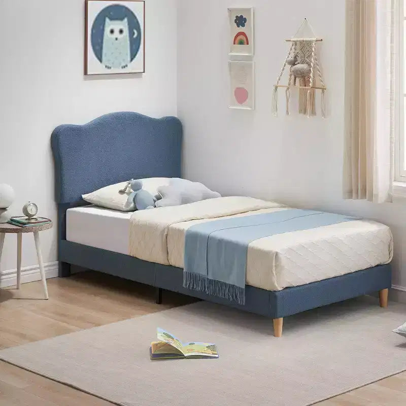 Twin Size Upholstered Bed Frame for Kids with Scallop Headboard