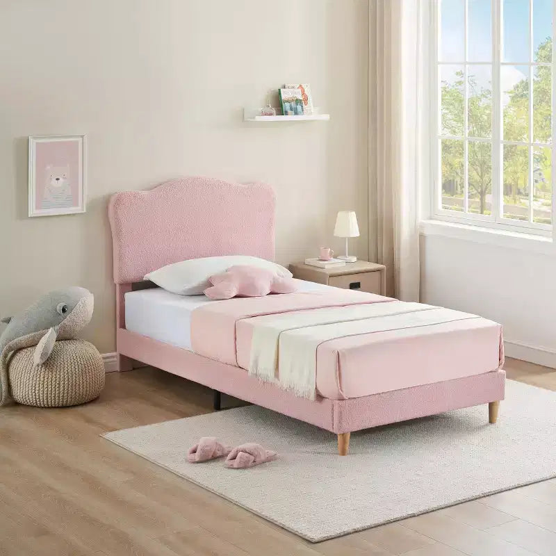 Twin Size Upholstered Bed Frame for Kids with Scallop Headboard