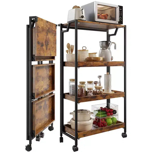 COZONY 4-Tier Wooden Folding Storage Shelf Cart - Expandable Kitchen Organizer with Locking Wheels, Heavy Duty Garage Shelving, 100 Lbs Load Capacity