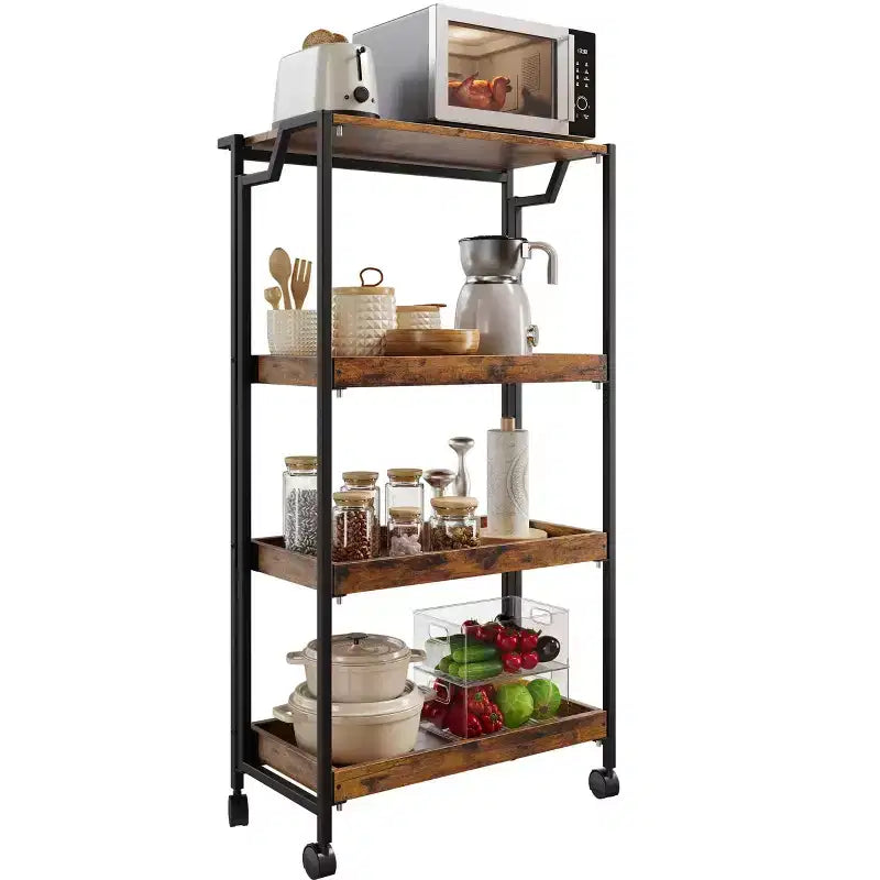 4-Tier Wooden Folding Storage Shelf Cart - Expandable Kitchen Organizer with Locking Wheels, Heavy Duty Garage Shelving, 100 Lbs Load Capacity
