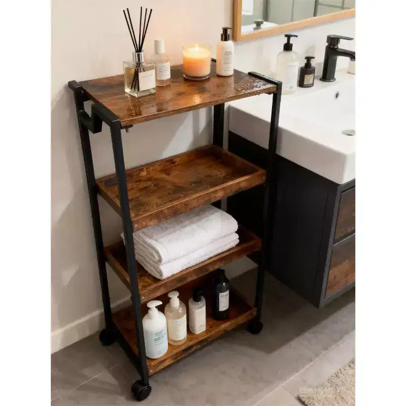 4-Tier Wooden Folding Storage Shelf Cart - Expandable Kitchen Organizer with Locking Wheels, Heavy Duty Garage Shelving, 100 Lbs Load Capacity