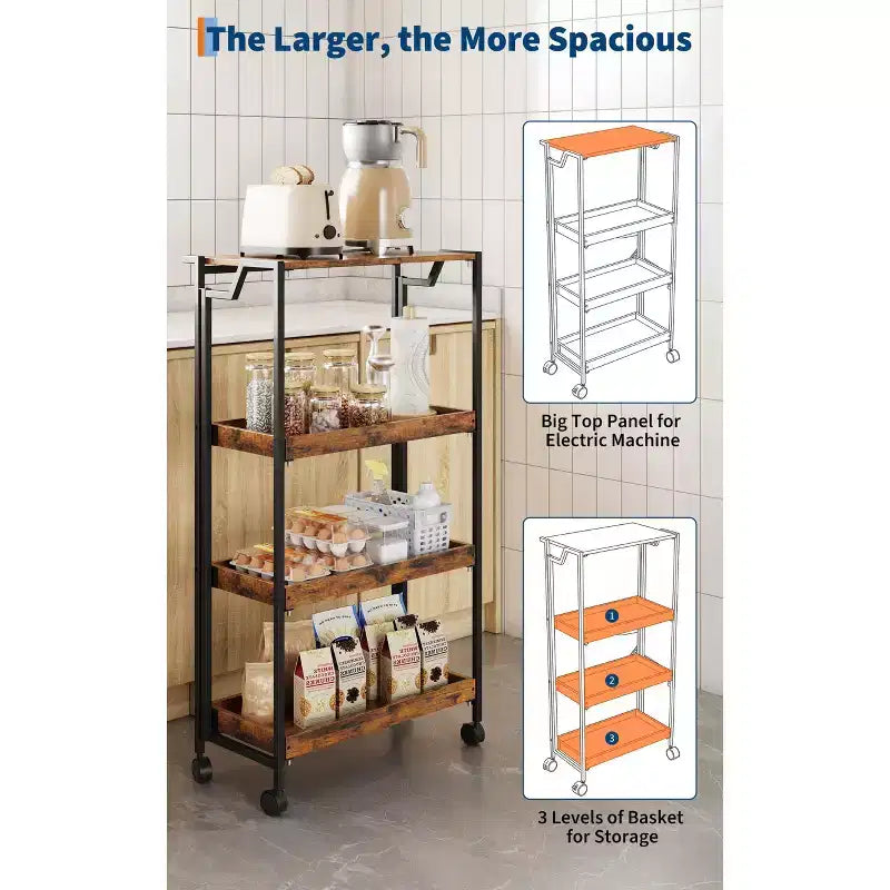 4-Tier Wooden Folding Storage Shelf Cart - Expandable Kitchen Organizer with Locking Wheels, Heavy Duty Garage Shelving, 100 Lbs Load Capacity