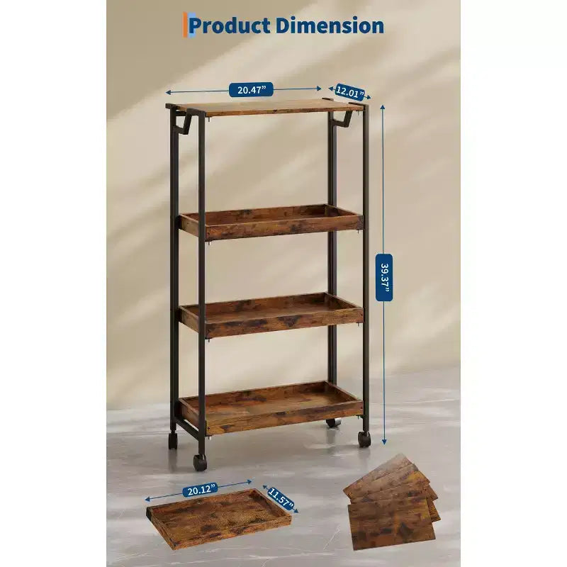 4-Tier Wooden Folding Storage Shelf Cart - Expandable Kitchen Organizer with Locking Wheels, Heavy Duty Garage Shelving, 100 Lbs Load Capacity