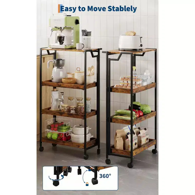 4-Tier Wooden Folding Storage Shelf Cart - Expandable Kitchen Organizer with Locking Wheels, Heavy Duty Garage Shelving, 100 Lbs Load Capacity