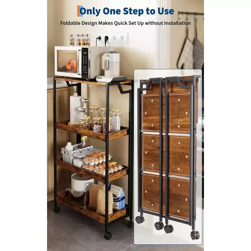 4-Tier Wooden Folding Storage Shelf Cart - Expandable Kitchen Organizer with Locking Wheels, Heavy Duty Garage Shelving, 100 Lbs Load Capacity